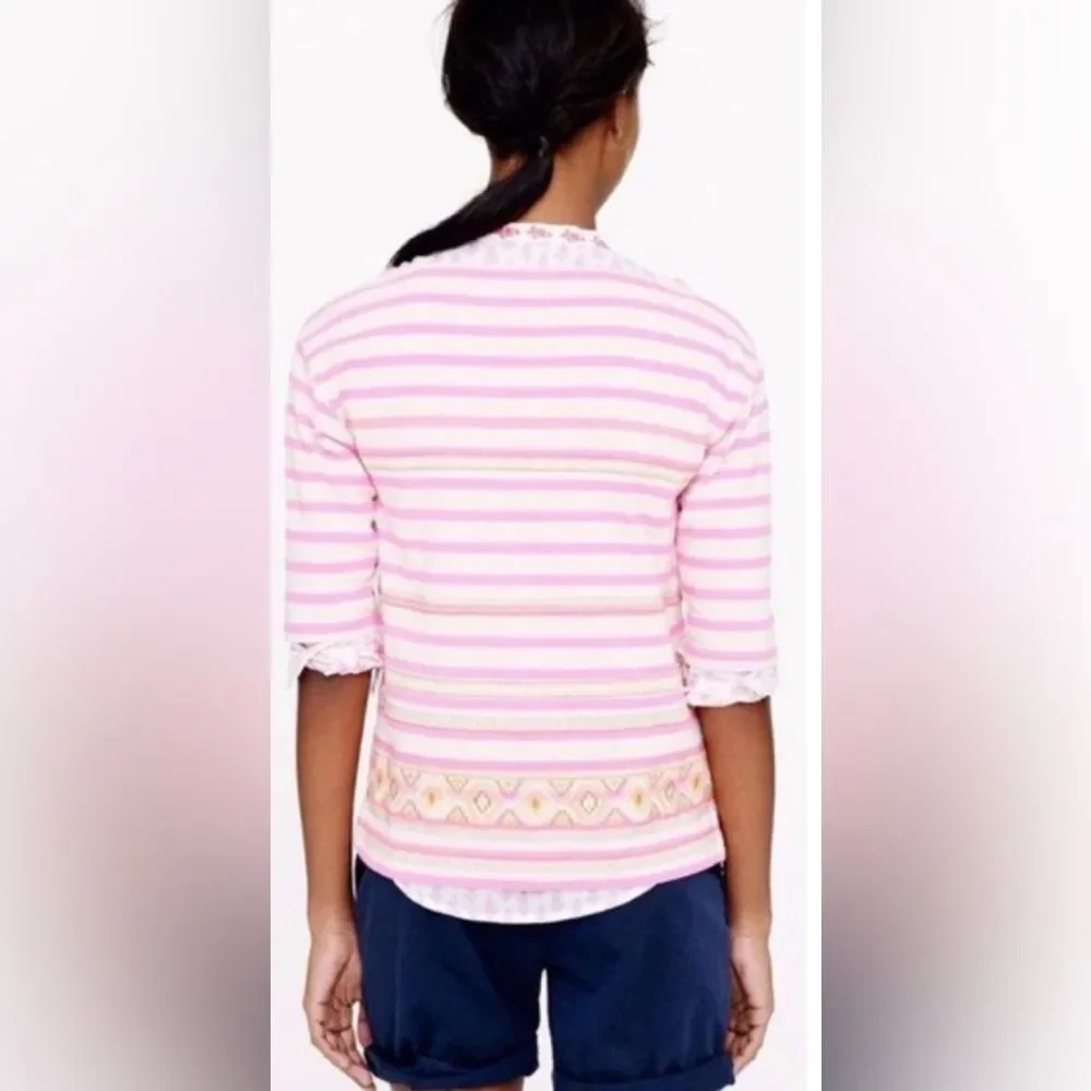 J.Crew Stitchwork Stripe Top Pink Neon Embroidered 3/4 Sleeve Top Size M NWOT